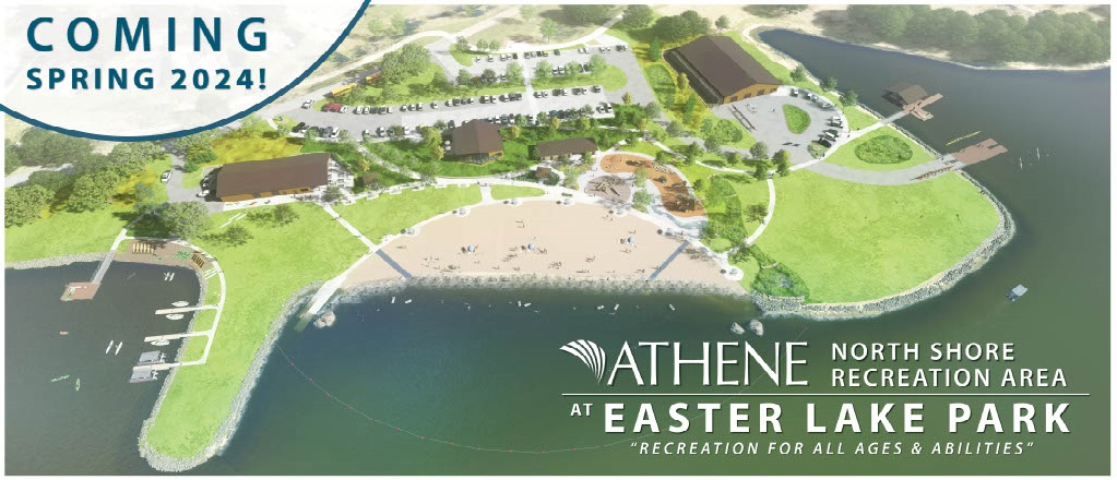 Aerial image of the planned layout and amenities at the North Shore Recreation Area at Easter Lake Park.