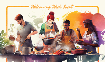 Painted image of group of four people from diverse backgrounds cooking and eating a meal together