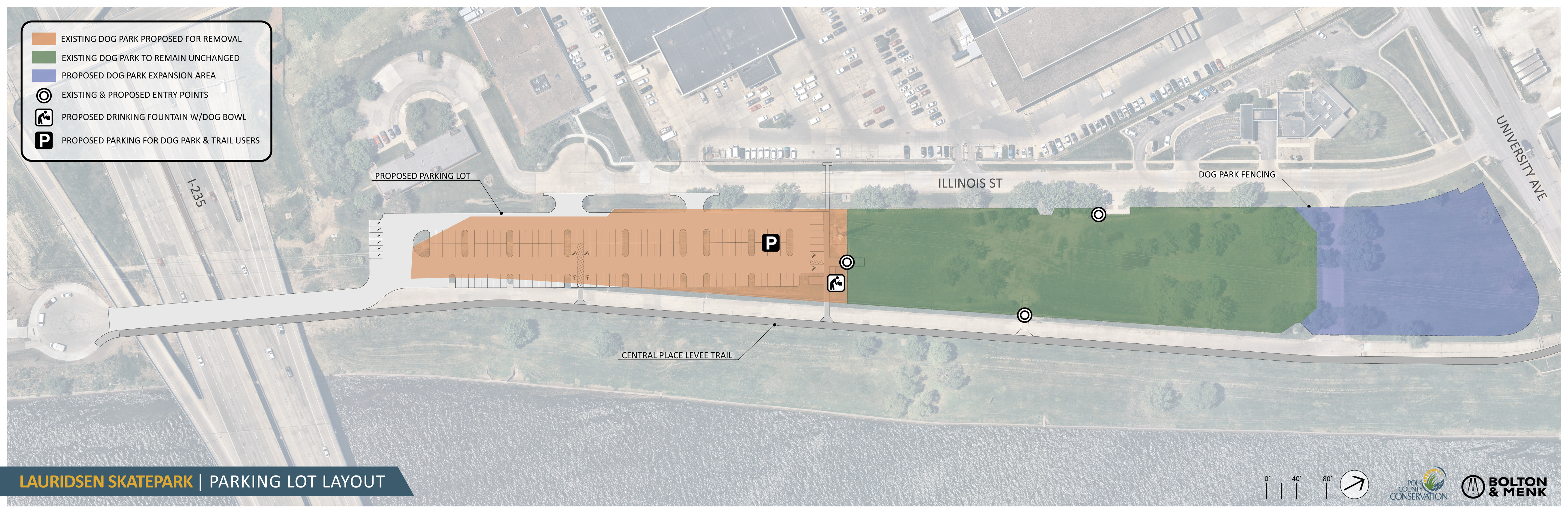 Image of proposed parking lot and changes to dogpark.