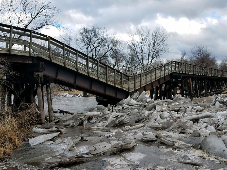 Former Trestle to Trestle Trail bridge after it collapsed under the weight of an ice jam in 2019.
